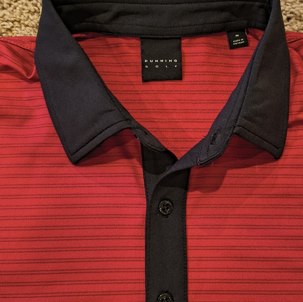 Men's Red Striped Camel Valley Ranch Polo Shirt with Black Collar NWOT